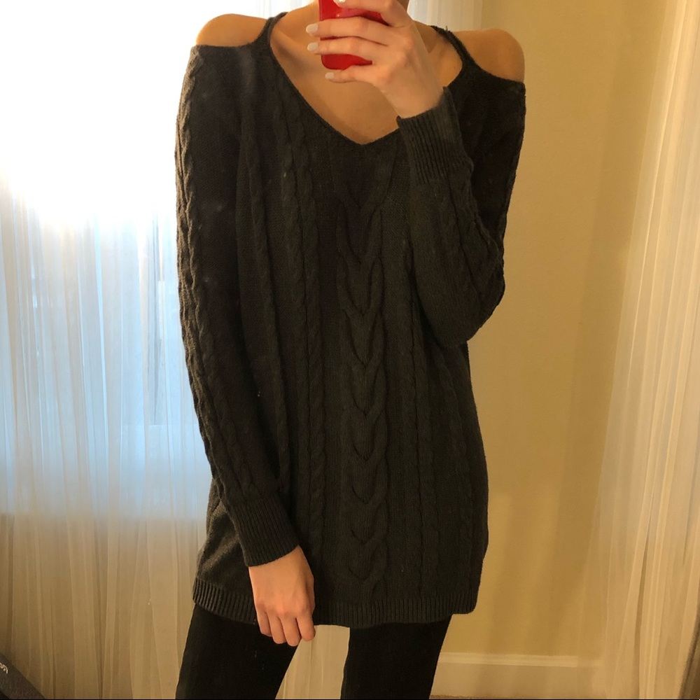 Cold Shoulder Tunic Length Sweater